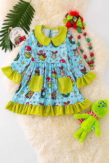  DRG42351 LOI: Christmas character printed girls dress with ruffle hem.