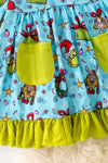 DRG42351 LOI: Christmas character printed girls dress with ruffle hem.