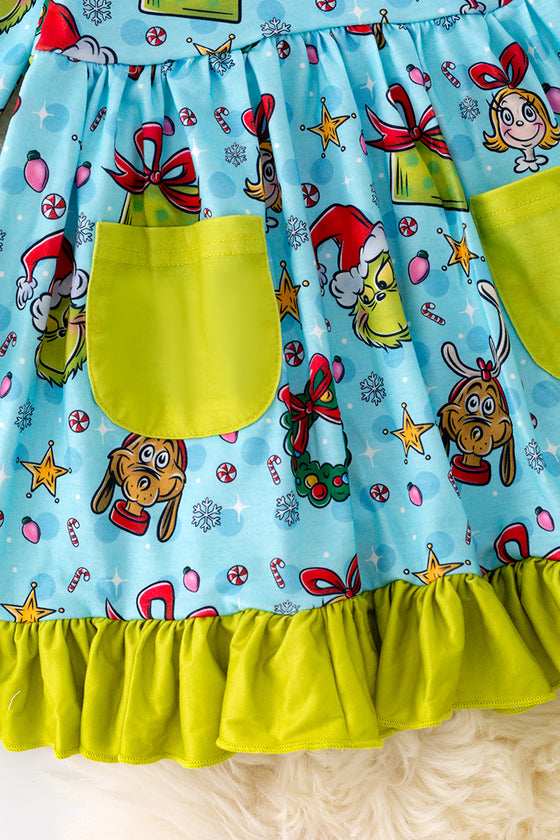 DRG42351 LOI: Christmas character printed girls dress with ruffle hem.