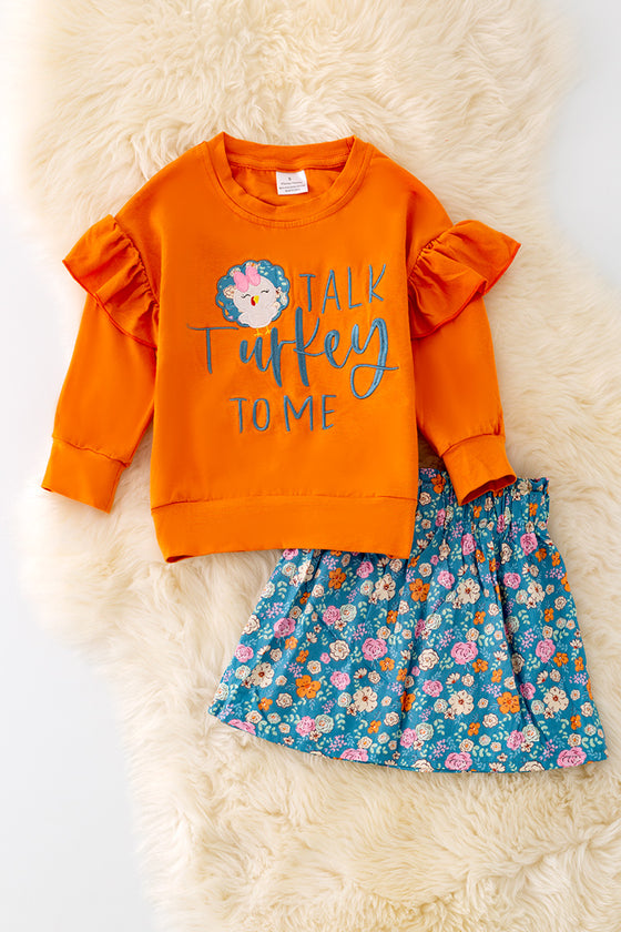 OFG41454 JEAN: "Talk Turkey to me" Orange applique top & floral skirt.