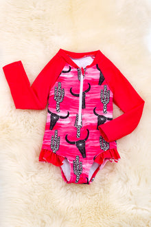  Fuchsia long sleeve swimsuit w/bull & cactus print. SWG40068 SOL