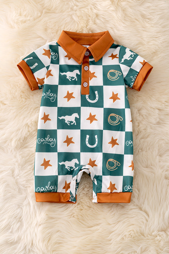 Mustang Stud printed checkered baby romper with snaps. RPB50098 SOL