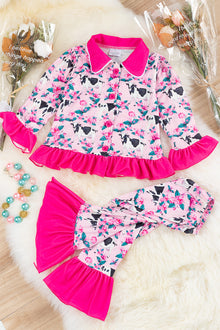  Cow printed on pink girls pajamas set. PJG65153001-SOL