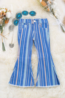  Multi-color stripe on blue  printed bootcut denim pants. PNG65153067-Jeann