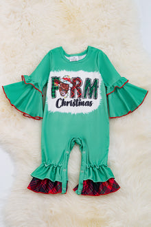  Farm Christmas" Green bell sleeve baby romper. RPG50143050 SOL