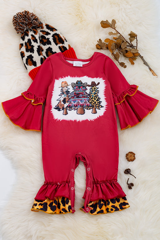 A Western Christmas/Christmas tree printed baby romper with bell sleeves. RPG50143047 LOI