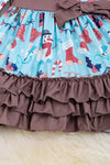 Snowman printed on blue 3 layer ruffle dress w/ ruffle neckline. DRG50133017SOL