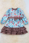 Snowman printed on blue 3 layer ruffle dress w/ ruffle neckline. DRG50133017SOL