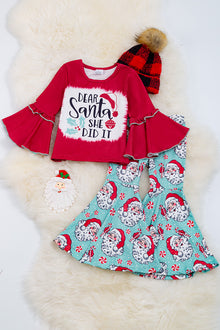  "Dear Santa she did it" Red bell sleeve top & santa printed mint bottoms. OFG50143025LOI