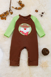  Cowboy Santa applique on brown baby romper with snaps. RPB50143001 SOL