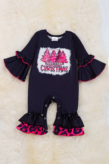  Merry Christmas pink Christmas tree printed on black baby romper. RPG50143048AMY