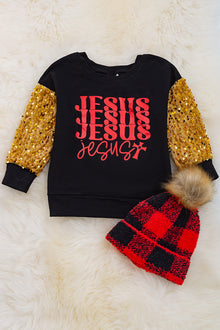  ❤️Jesus Jesus" Black Jesus sweatshirt w/golden sequins sleeves. TPG50133021AMY