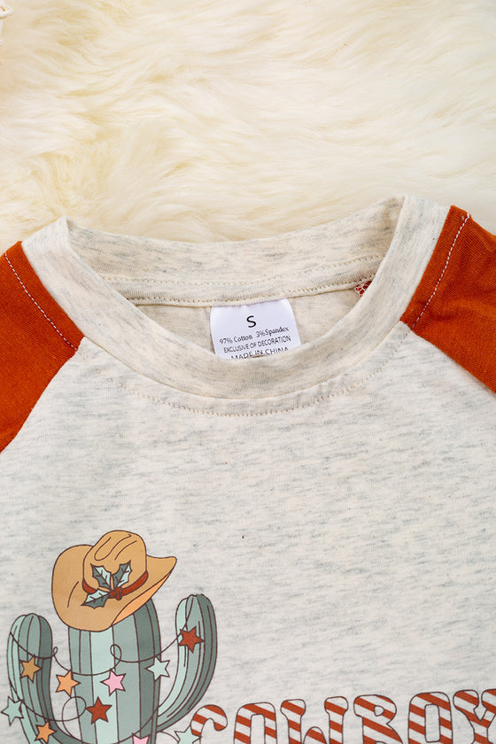 "Cowboy Christmas" Ivory raglan with burnt brown sleeves & cactus print. TPB50143013 WEN