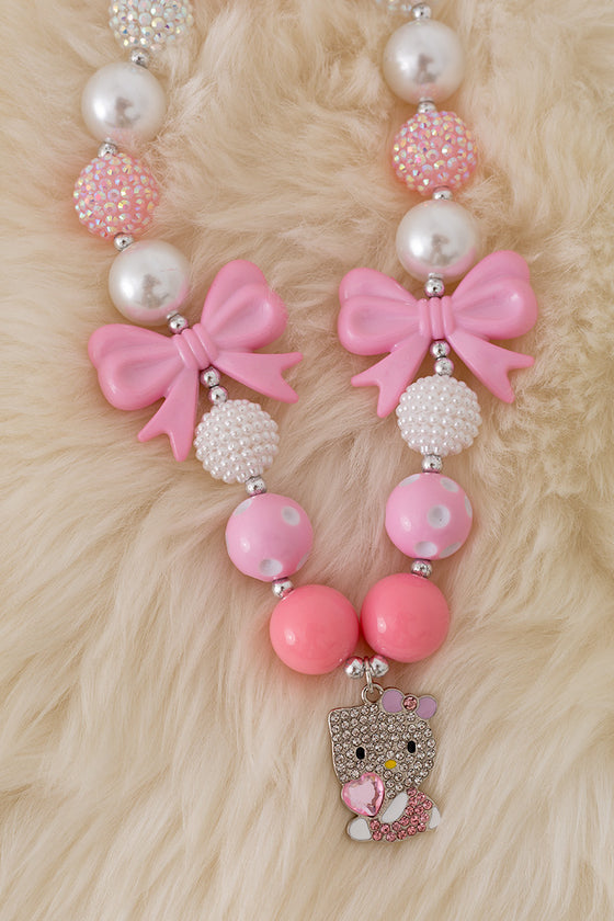 Pastel Pink bubble necklaces with kitty pendant. 3PCS/$15.00