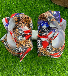  LEOPARD, COW SPOT & STAR  / PATRIOTIC PRINTED HAIR  BOWS 7.5" WIDE 4PCS/$10.00 BW-DSG-635