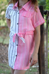 Pink & white stripe printed sheer dress with long cami underneath. SY-DLH4080K-LOID