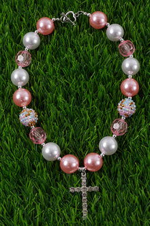  PINK TONE BUBBLE GUM BEAD NECKLACE W/CRUZ PENDANT . 3PCS/$15.00 ACG25153066