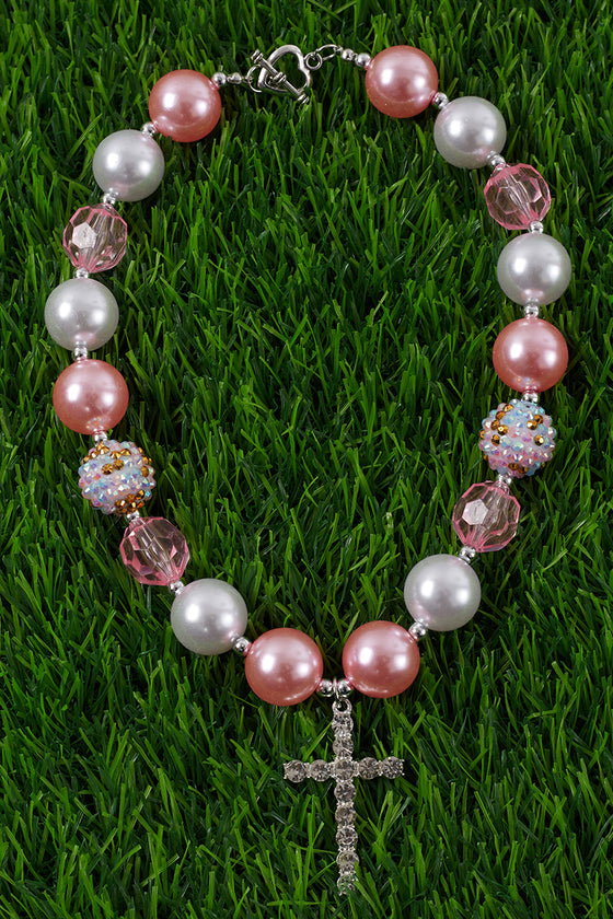 PINK TONE BUBBLE GUM BEAD NECKLACE W/CRUZ PENDANT . 3PCS/$15.00 ACG25153066