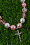 PINK TONE BUBBLE GUM BEAD NECKLACE W/CRUZ PENDANT . 3PCS/$15.00 ACG25153066