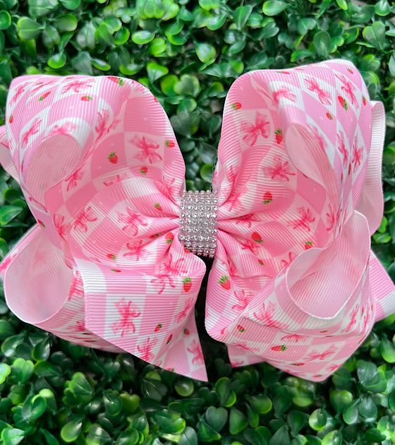 Strawberry + Bow 6.5" double layer hair bows. 4pcs/$10.00  BW-DSG-1003