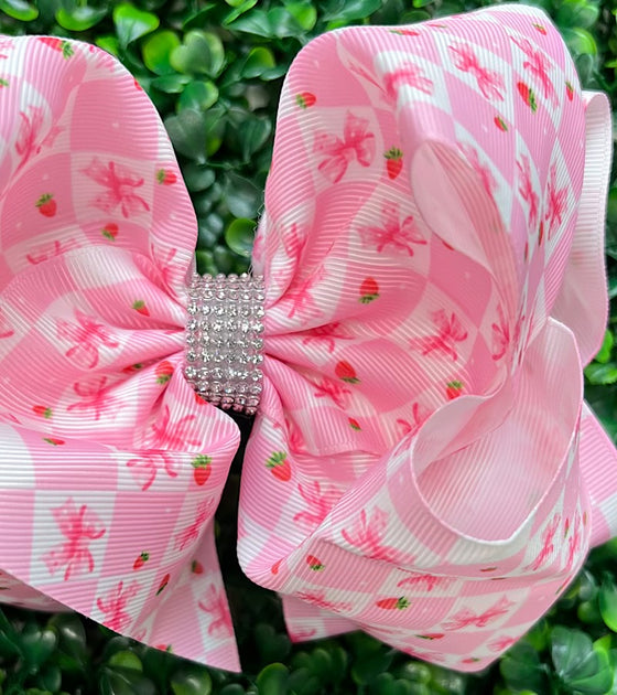 Strawberry + Bow 6.5" double layer hair bows. 4pcs/$10.00  BW-DSG-1003