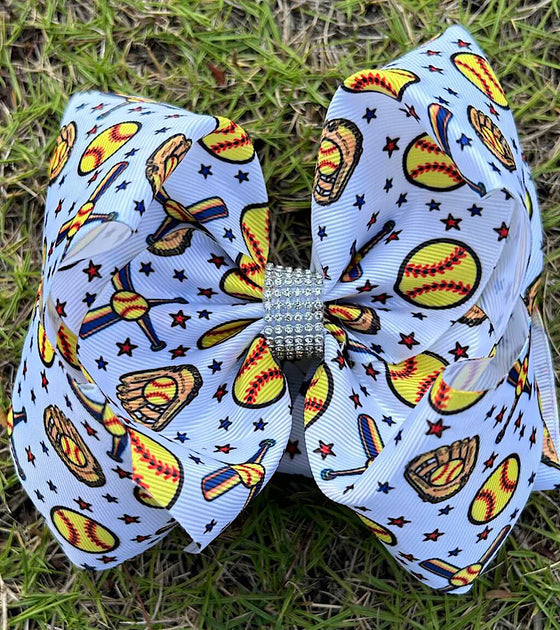 Softball printed double layer hair bows. 4pcs/$10.00 BW-DSG-1016