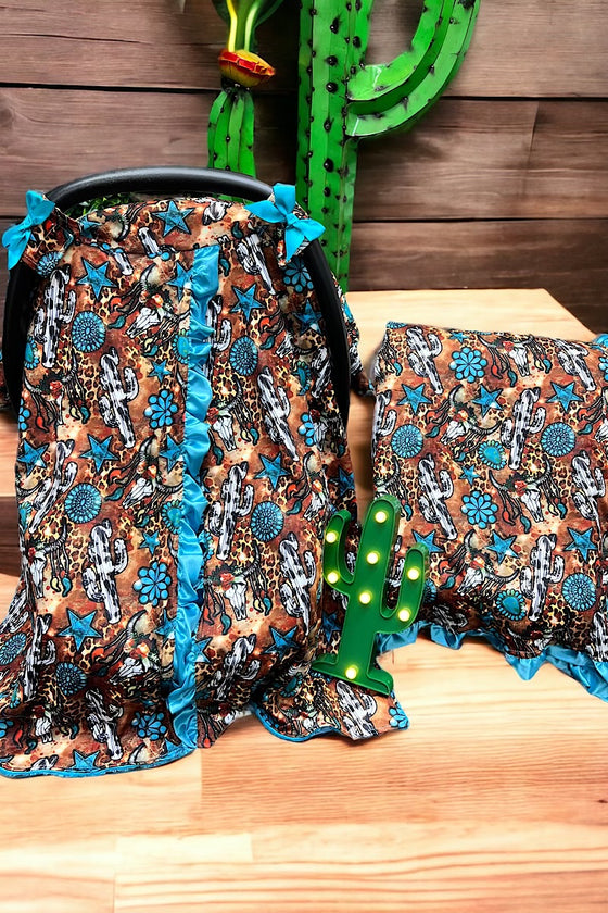 CONCHO, CACTUS & COW SKULL PRINTED BABY BLANKET W/ TURQUOISE TRIM. (35"BY 35") BKG25153010