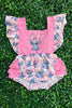 Character printed checkered baby onesie w/ruffle butt. SR031301-AMY