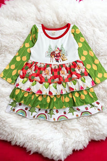  Santa printed dress w/ 4 layer ruffle. GLD040503-WENDY