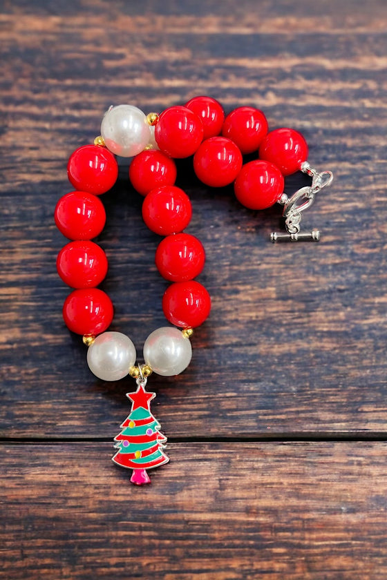 Red & pearl tone bubble necklace w/tree pendant. (3pcs/$15.00) ACG50153011 S