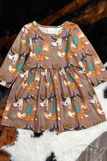  Cow skull & dessert cactus printed on brown dress. FRE-2023-AMY