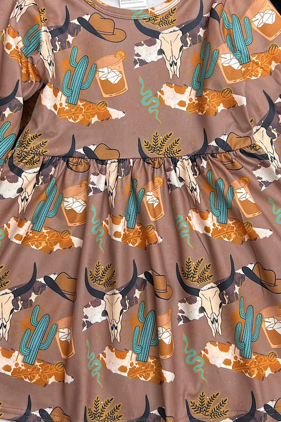 Cow skull & dessert cactus printed on brown dress. FRE-2023-AMY