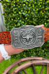 DEMASK STENCIL PRINT ON YELLOW TONE BELT WITH LONGHORN ARROWN BUCKLE. BELT-2022