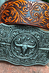 DEMASK STENCIL PRINT ON YELLOW TONE BELT WITH LONGHORN ARROWN BUCKLE. BELT-2022