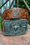 DEMASK STENCIL PRINT ON YELLOW TONE BELT WITH LONGHORN ARROWN BUCKLE. BELT-2022