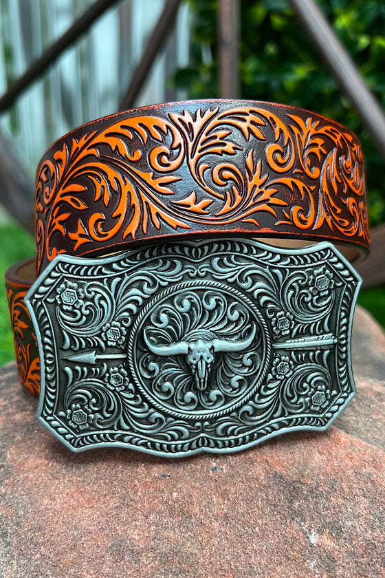 DEMASK STENCIL PRINT ON YELLOW TONE BELT WITH LONGHORN ARROWN BUCKLE. BELT-2022