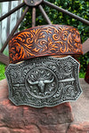 DEMASK STENCIL PRINT ON YELLOW TONE BELT WITH LONGHORN ARROWN BUCKLE. BELT-2022