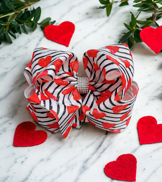 6.5" Red heart & stripe printed double layer hair bows with rhinestones.(4pcs/$10.00) BW-DSG-953