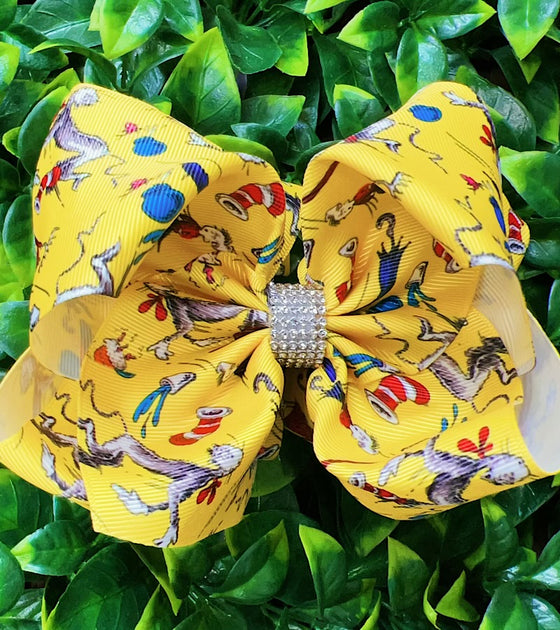 Yellow Cat w/a hat printed double layer hairbows. (4PCS/$10.00) BW-DSG-967