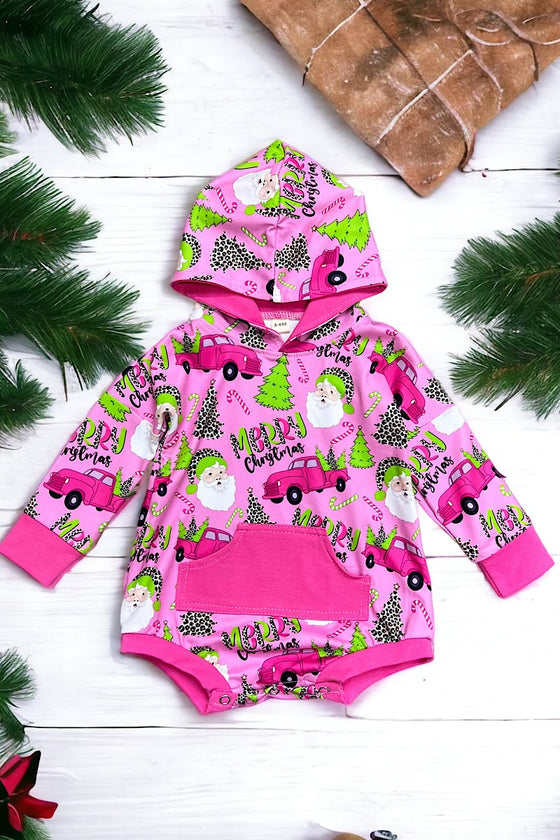 Santa printed on pink baby romper w/ hoodie. LR050404-SOL