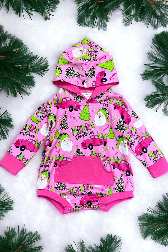 Santa printed on pink baby romper w/ hoodie. LR050404-SOL