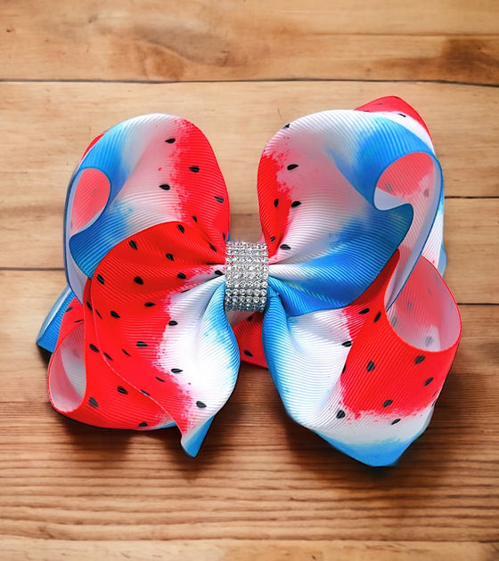 watermelon /blue printed double layer hair bows. (6.5"wide 4pcs/$10.00)BW-DSG-855