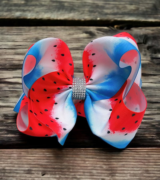 watermelon /blue printed double layer hair bows. (6.5"wide 4pcs/$10.00)BW-DSG-855