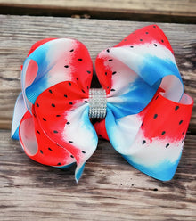  watermelon /blue printed double layer hair bows. (6.5"wide 4pcs/$10.00)BW-DSG-855