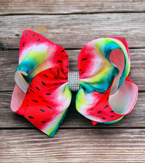 watermelon /green printed double layer hair bows. (6.5"wide 4pcs/$10.00)BW-DSG-856