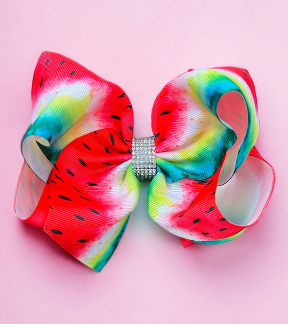 watermelon /green printed double layer hair bows. (6.5"wide 4pcs/$10.00)BW-DSG-856