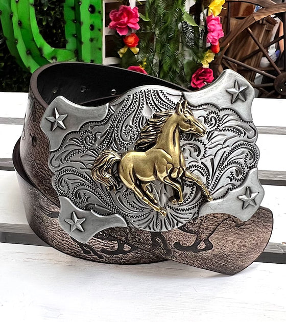 Golden Horse rider buckle & horse print. BLT-10322