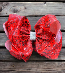  Red paisley printed double layer hair bows. (6.5"wide 4pcs/$10.00) BW-DSG-865