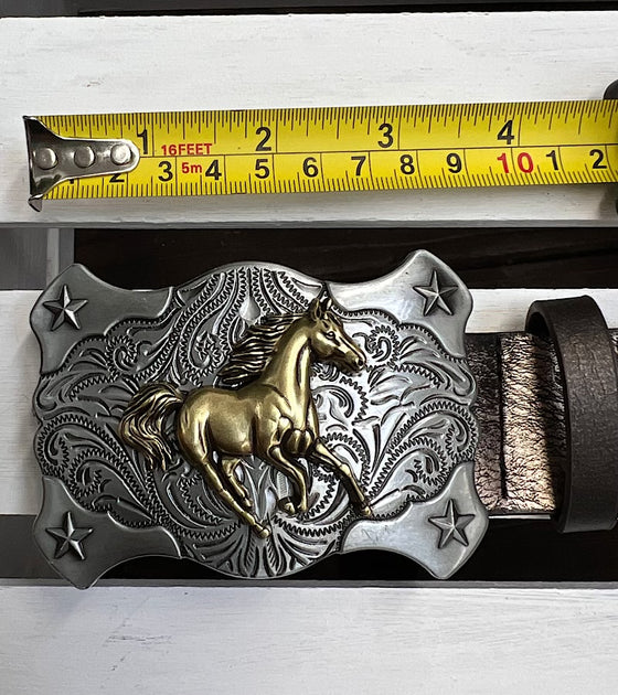 Golden Horse rider buckle & horse print. BLT-10322