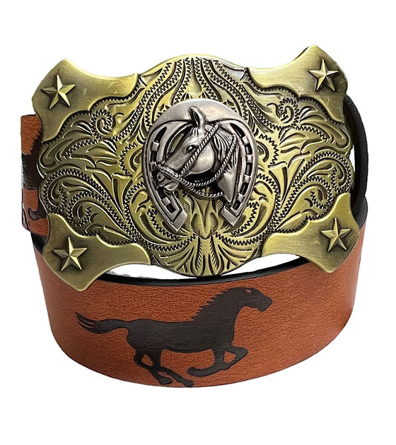 Horseshoe on gold buckle & horse print. BLT-10323